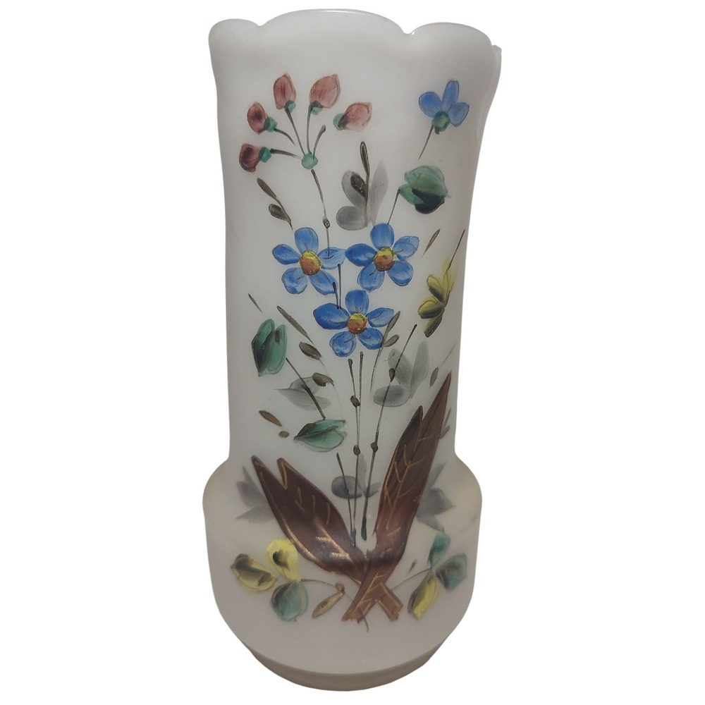 Antique Bristol Glass Vase‎ Hand Painted Floral Decorative Victorian Ruffled SEE